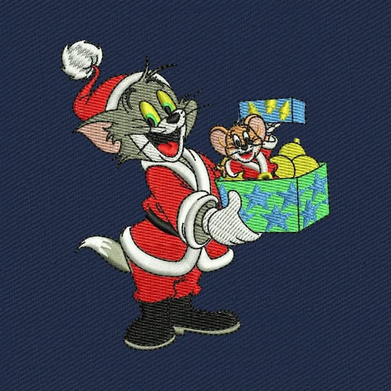 Tom and Jerry with a Christmas Gift Embroidery Design