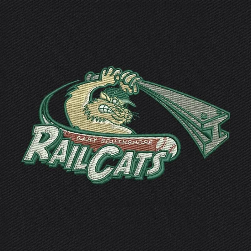 Gary RailCats grünes Maskottchen Logo Stickdatei